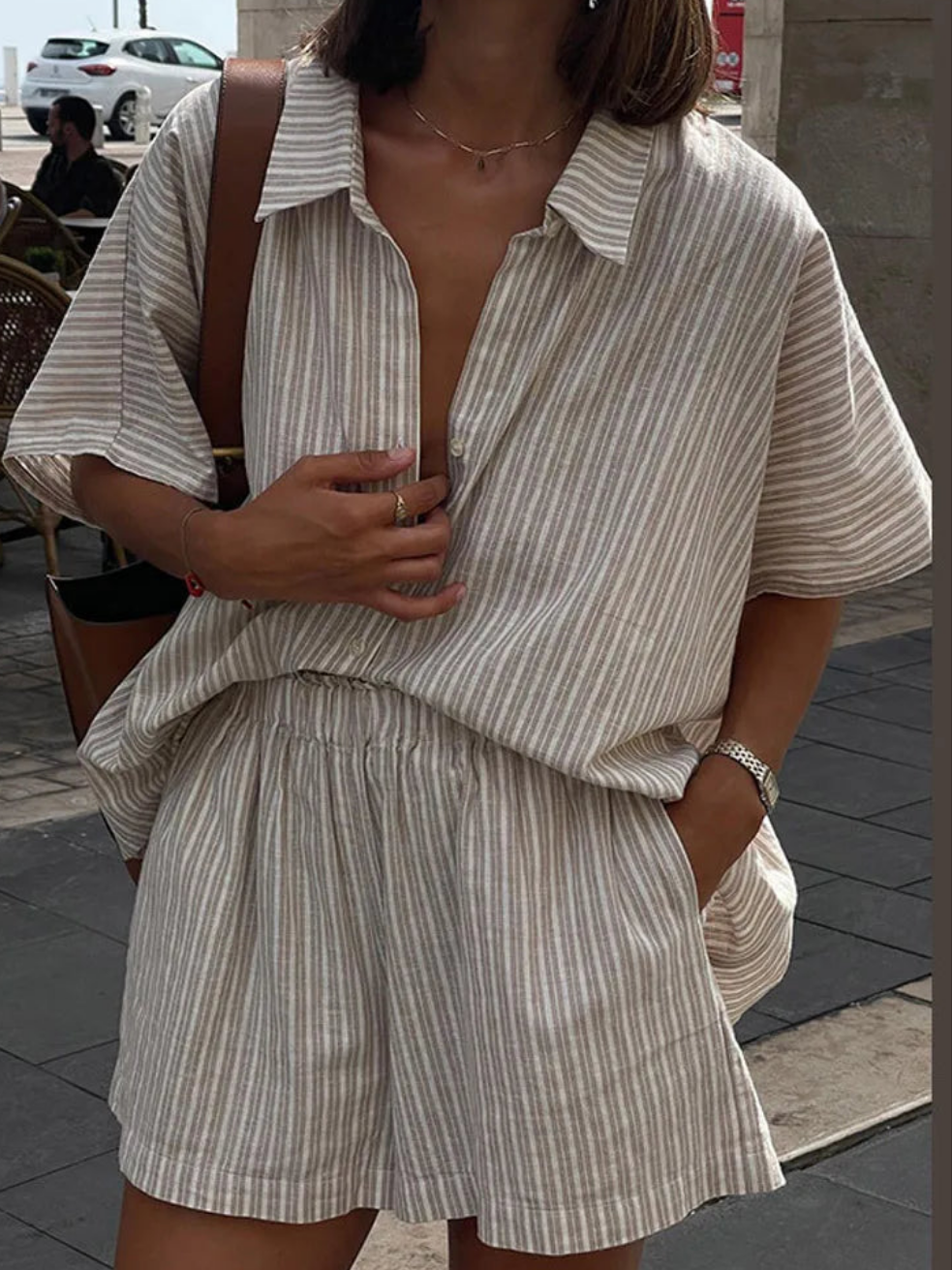 חולצת כותנה ופשתן רחבה עם פסים- לימור